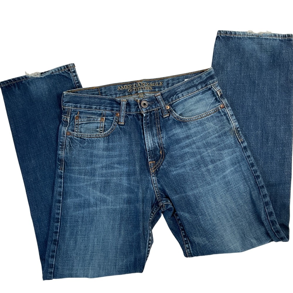 American Eagle Jeans Men's 30x32 Blue Dark Wash Relaxed Straight Distressed Hem